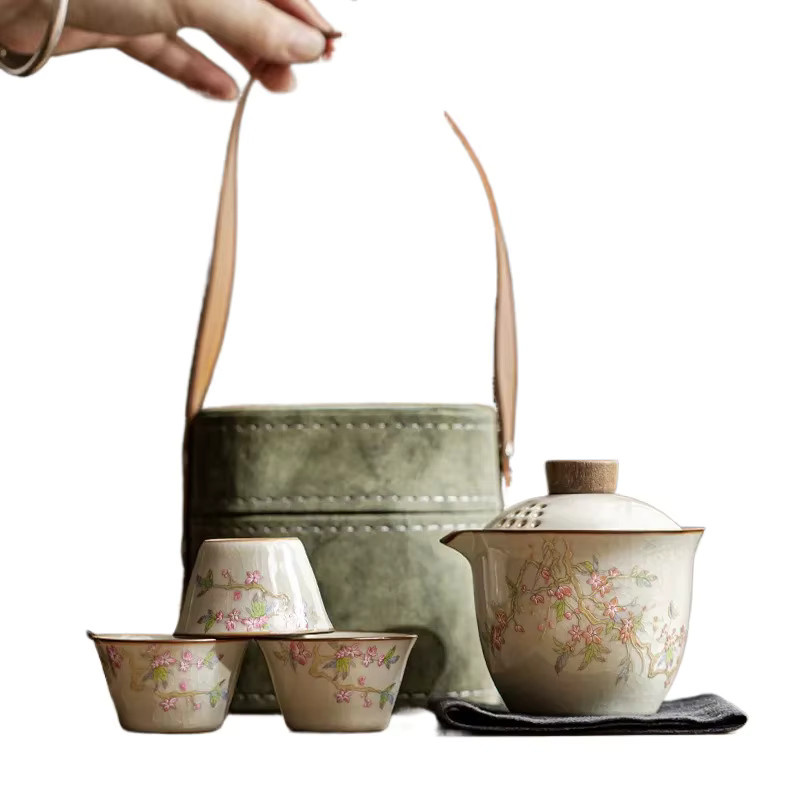 Mihuang Ru Kiln Keramik Teeset für unterwegs mit drei Tassen und floralem Design in Pfirsich Frühling Farbe - Bild 7
