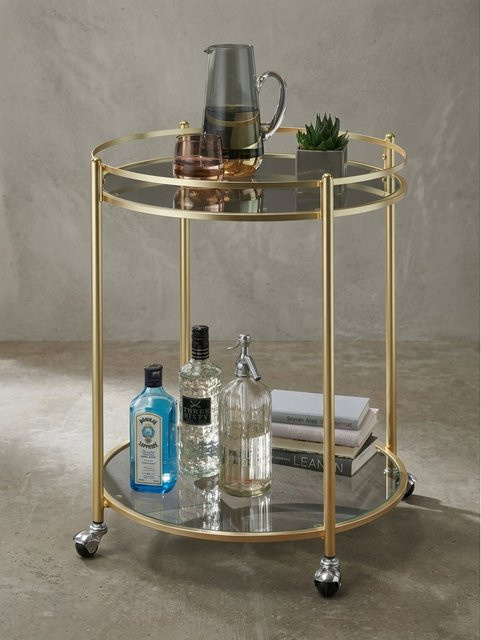 Servierwagen KADIMA DESIGN in Gold mit Glasplatten und Rollen, Durchmesser: 57 cm, Höhe: 75 cm - Bild 1