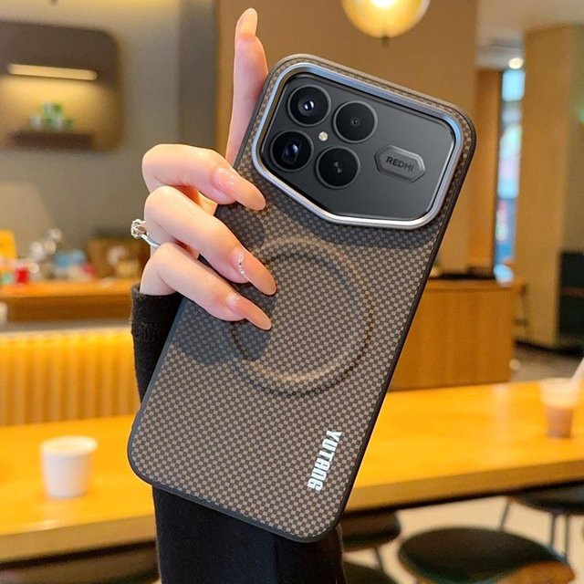 Magnetische PU-Lederhülle mit Carbonfaser-Textur und Metallknopf für Xiaomi POCO F8 Ultra und F8 Pro in Schwarz - Bild 1