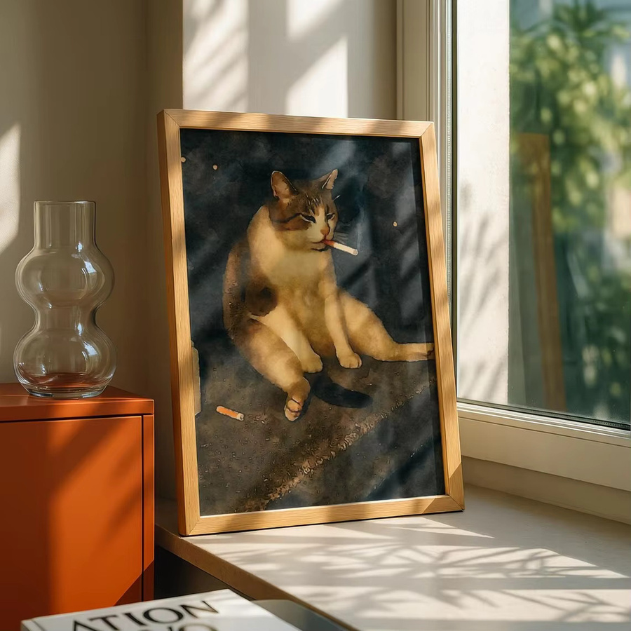 Vintage Wandkunst mit rauchender Katze von SHENCHEN als mehrfarbiger digitaler Druck im rechteckigen Format - Bild 4