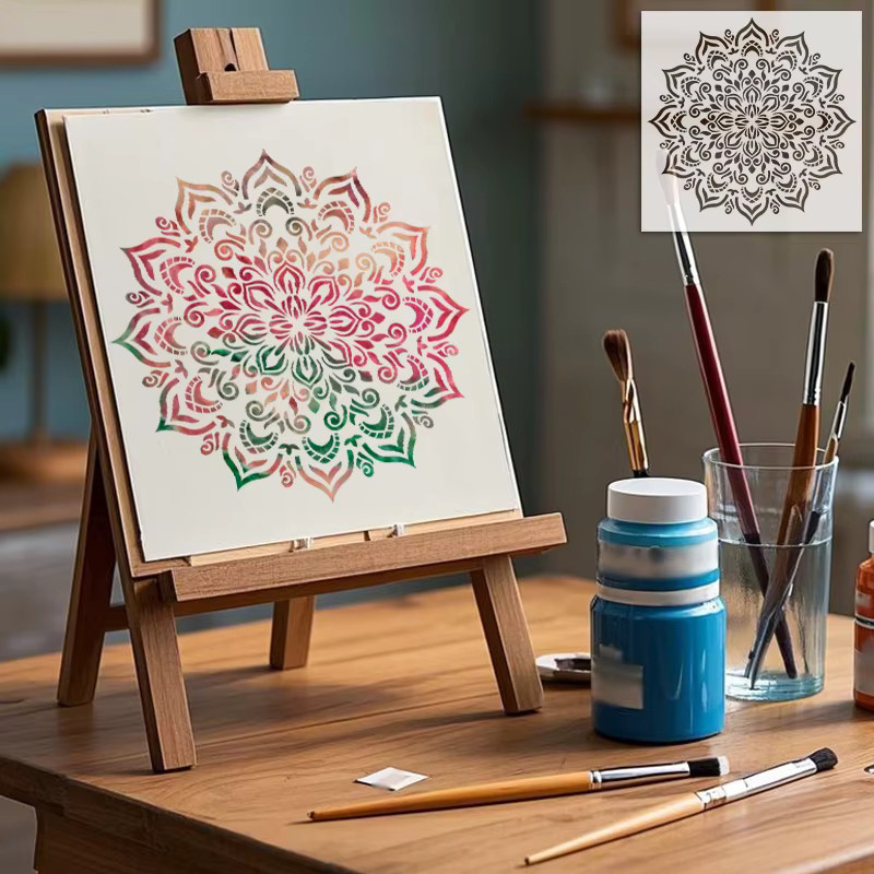 YOMDID PET-Schablone mit rundem Mandala-Blumenmuster, transparent, wiederverwendbar für DIY-Kunsthandwerk und Airbrush, Durchmesser: 29,4 cm - Bild 1
