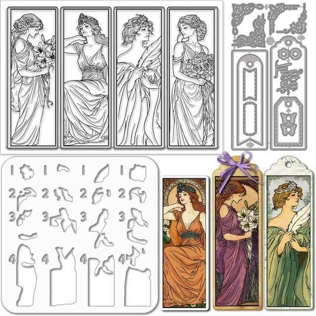 Vintage Lesezeichen Set mit Motiv einer lesenden Frau, transparente PET-Malschablonen und Silikonstempel mit floralen Eckmotiven für die Kartenherstellung - Bild 1