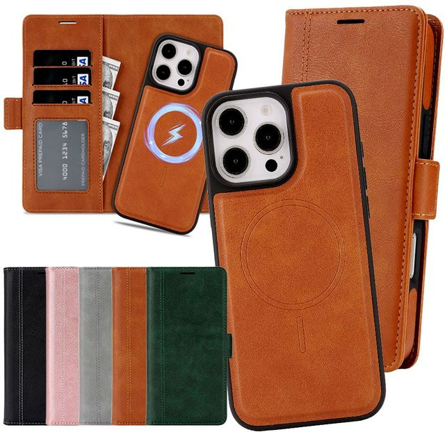 Apple 2-in-1 Magnetische Ledertasche Magsafe Wallet Kartenhalter und Handyhülle für iPhone in Grün - Bild 1