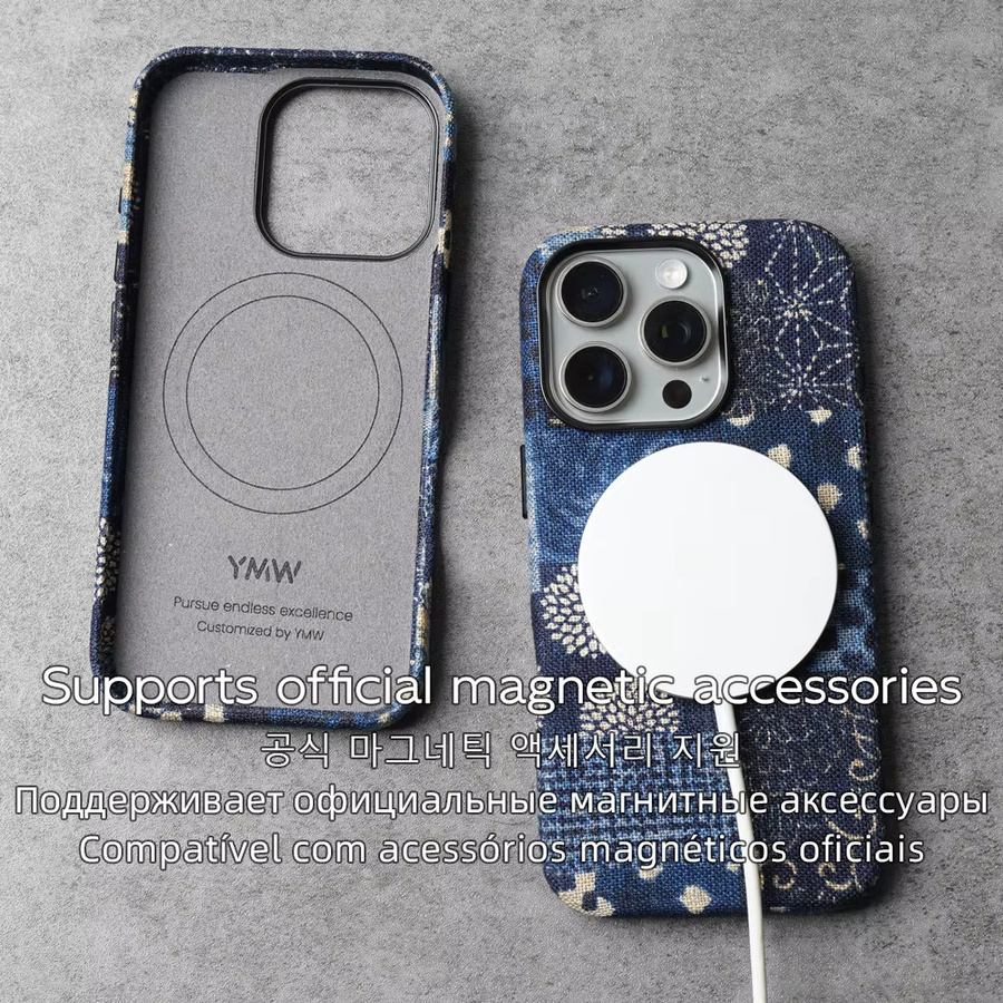 YMW Magnetische iPhone Hülle aus japanischem Baumwollstoff in Blau für iPhone 17, 16 Pro Max und 15 im Retro-Design - Bild 4
