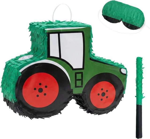 Relaxdays Traktor Pinata, Dunkelgrün Rot, 3-teiliges Set mit Stab und Maske - Bild 1
