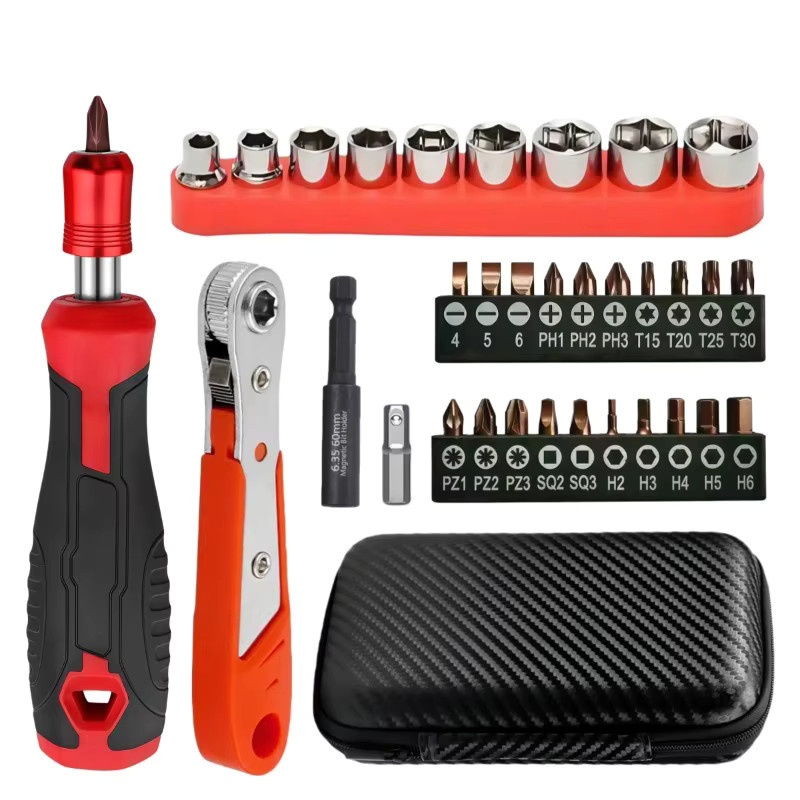 Probon Reparatur-Werkzeugkasten-Set in Rot mit Ratschenschlüsseln, Schraubendrehern, Steckschlüsseln bis 25 mm und S2-Bits - Bild 1