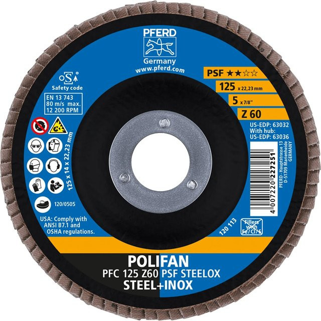PFERD Polifan PSF PFC Steelox Fächerscheibe für Metall, Blau, Durchmesser: 125 mm, Breite: 80 mm - Bild 1