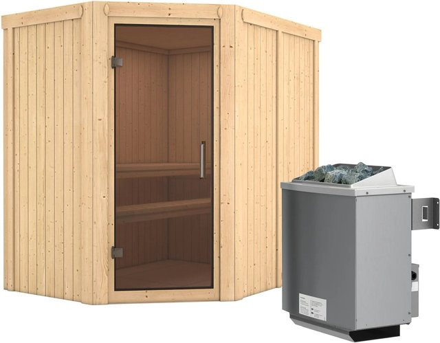 Karibu Sauna CARIN in Grau und Braun mit 9,0 kW Ofen und integrierter Steuerung, B/T/H: 198 x 196 x 151 cm - Bild 1