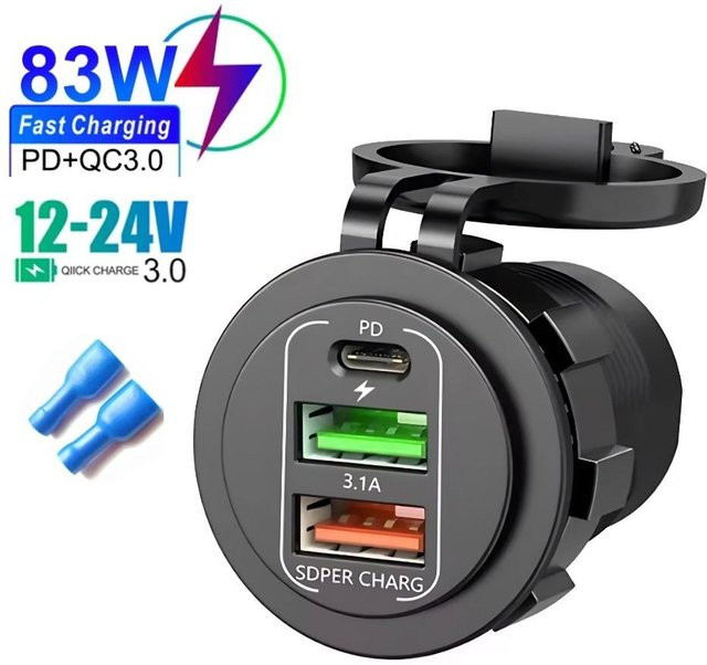 YJMP 83W Autoladesteckdose mit PD 30W Schnellladung, Dual USB und Typ C Ausgang sowie Voltmeter, schwarz - Bild 1