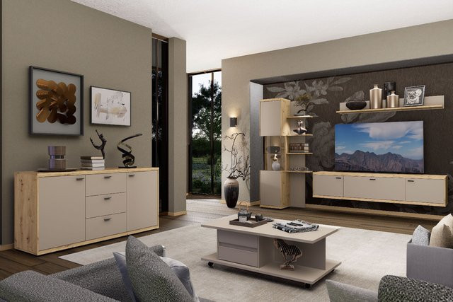 Sideboard HARPER in Grau, Schwarz und Beige mit Soft-Close-Schubladen und Glaselementen - Bild 1