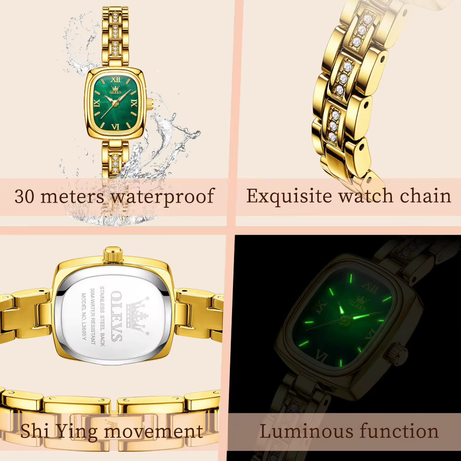 OLEVS Armbanduhr, Quarz, Gold, Edelstahl, Grün, Damen - Bild 3