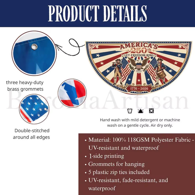 VIKAMA USA Fächerförmige Flagge 250. Jubiläum 1776 - 2026 Retro Patriotische Dekoration Outdoor-Banner Mehrfarbig - Bild 3