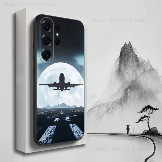 Samsung Handyhülle aus weichem Silikon mit Flugzeug-Kunstmotiv in Schwarz für verschiedene Samsung Galaxy Modelle (S24, S23, S22, S21, S20, S10, S9, Plus, Ultra, FE, Lite) - Bild 1