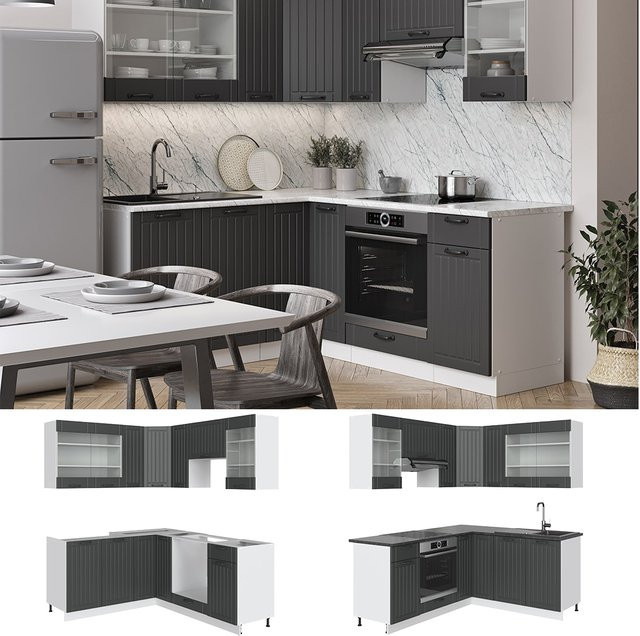 Vicco Fame-Line Eckküche im Landhausstil, Küchenzeile Einbau, Anthrazit/Weiß, B/T/H: 160 x 60 x 82 cm - Bild 1
