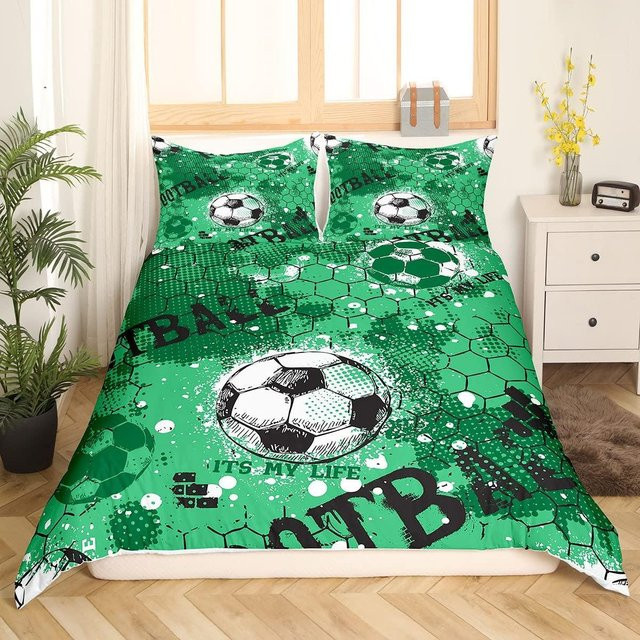 Fußball Bettwäsche Set mit handgezeichneter Skizze und Flaggen-Design für Jungen und Teenager, Farbe Grün, B/H: 180 x 210 cm - Bild 1