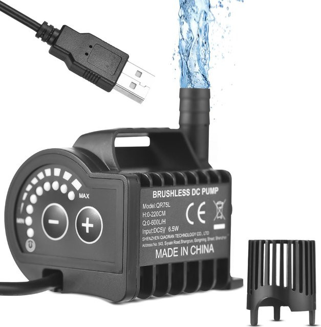 Tauchfähige 5-V-Wasserpumpe QR75L in Schwarz mit 8 einstellbaren Stufen und 0–600 l/h Förderleistung - Bild 1