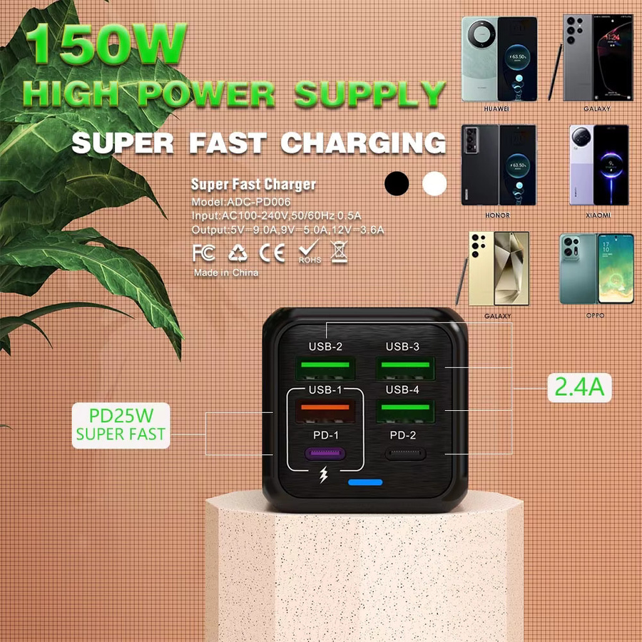 150 W Multi Port USB Schnellladegerät mit 6 Anschlüssen als Wandadapter für iPhone, Samsung und Xiaomi in Schwarz oder Weiß - Bild 3