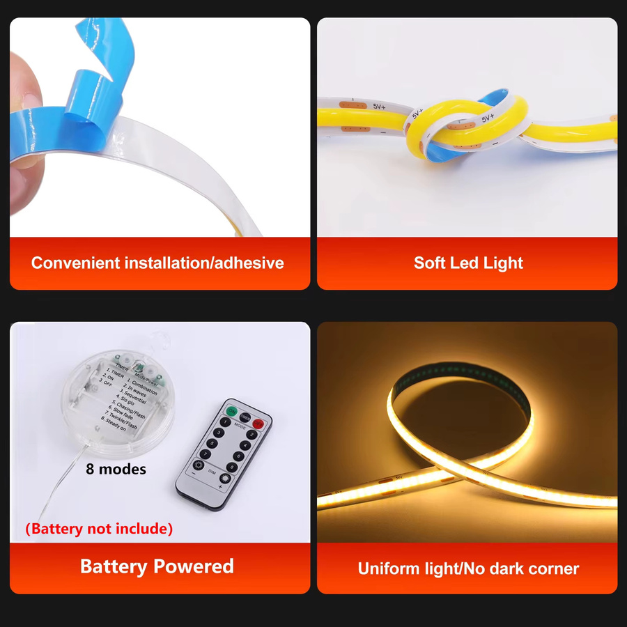 XUNATA COB LED-Streifen mit Fernbedienung, batteriebetrieben, RGB Multicolour, 5V, selbstklebend für die Raumdekoration - Bild 4