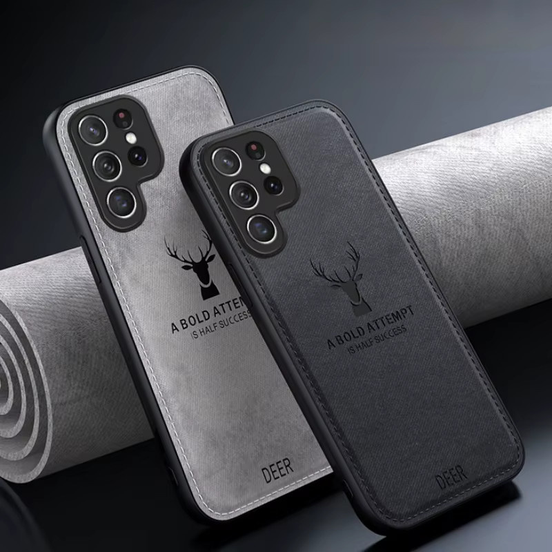 Stoßfeste Handyhülle aus Hirschkopf-Stoff und Leder für Samsung Galaxy S25 S24 S23 S22 S21 Ultra Plus FE A56 A55 A16 5G in Schwarz - Bild 2