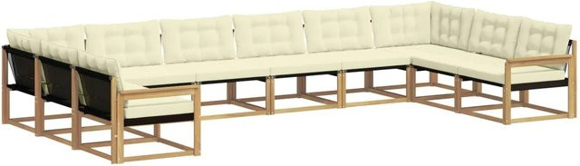 vidaXL Outdoor-Sofagarnitur in U-Form aus massivem Akazienholz mit Textilene und Kissen, 10-teilig, Weiß und Beige - Bild 1