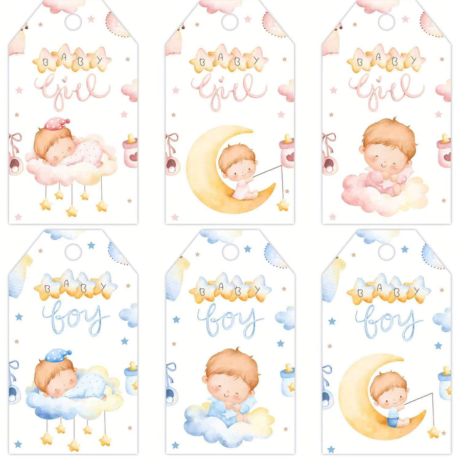 60 Stück hängende Papieranhänger in Rosa und Blau mit Stern und Mond für Babyparty und Geburtstag als DIY Partydeko und Geschenkeverpackung - Bild 1