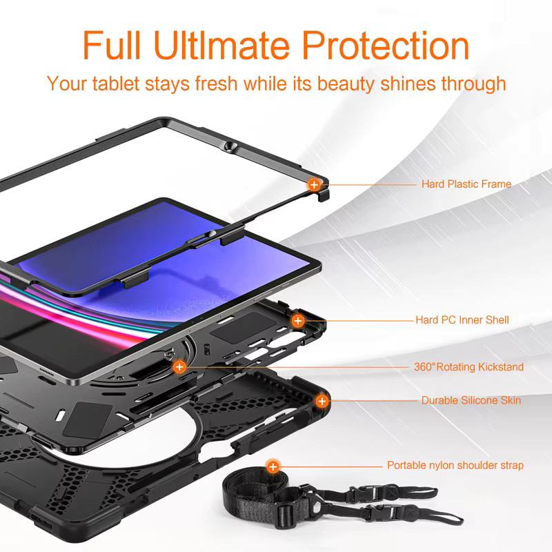 Robuste und stoßfeste Silikonhülle mit Kickstand für Samsung Galaxy Tab A9 Plus, S9 FE, S7, S8, S9, S10 FE Plus Ultra in Schwarz - Bild 3
