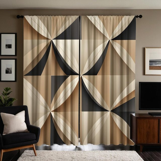 2er-Set dekorative Vorhänge mit geometrischem Creme-Muster und gelben Akzenten in Beige, B: 132 cm, H: 160 cm - Bild 1