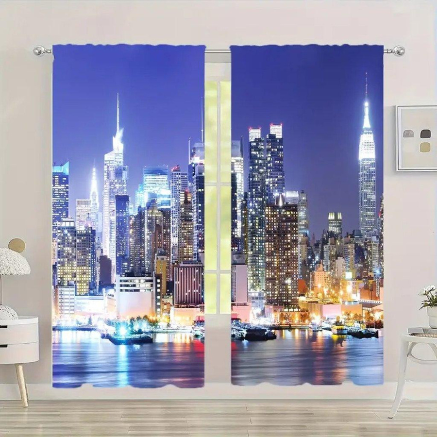 Verdunkelungsvorhangpaneele New York City Nachtansicht mit Neon-Stadtlandschaft, Mehrfarbig, B: 50 cm, H: 160 cm, 2er-Set mit Stangendurchzug und Haken - Bild 2