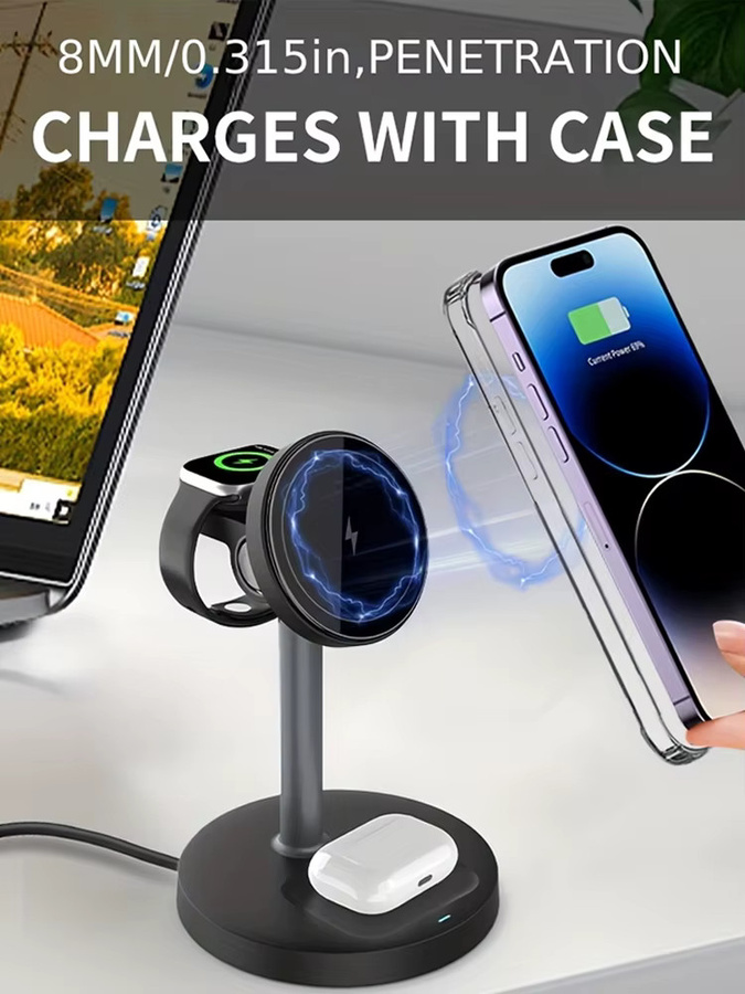VIKEFON 3-in-1 magnetisches kabelloses Ladegerät mit verstellbarem Ständer für iPhone, iWatch und AirPods Pro in Schwarz und Weiß - Bild 6