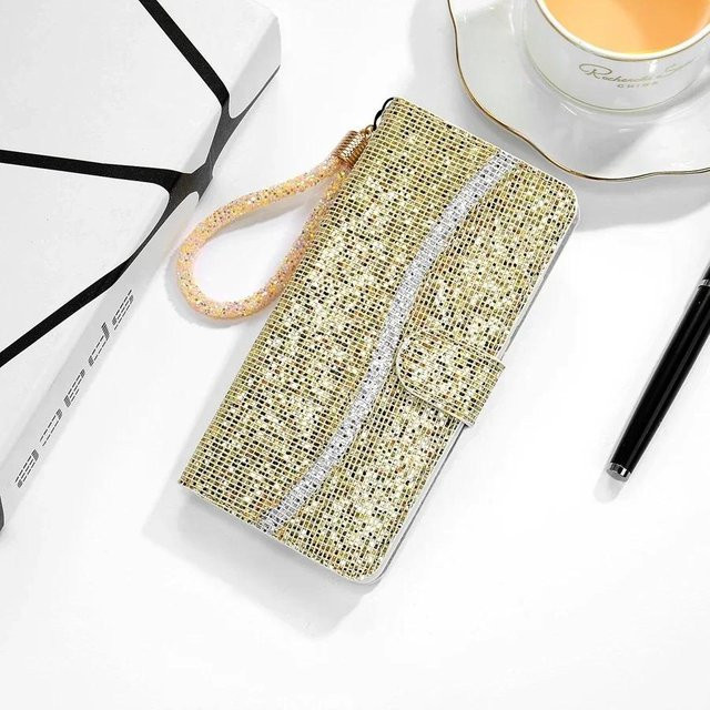 Rui Di Glitzer Brieftasche Magnetische Lederhülle mit Handschlaufe für iPhone 17 Pro Max, iPhone Air, iPhone 17 Pro in Gold - Bild 1