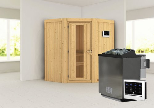Karibu Narva Bio-Kombi-Sauna aus Fichtenholz für 3 Personen inklusive 9 kW Saunaofen mit externer Steuerung, beige - Bild 1