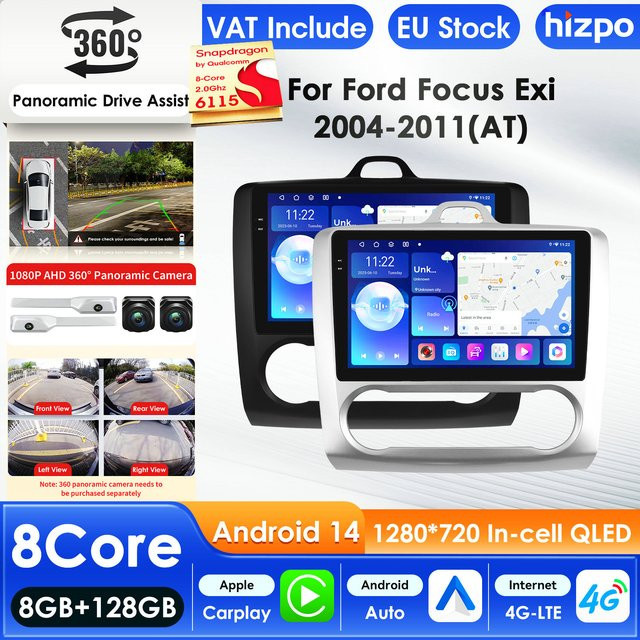 Hizpo Android 14 Autoradio mit Carplay AI System, Multimedia-Videoplayer und GPS für Ford Focus Exi 2004-2010 inklusive 360 CAM Unterstützung - Bild 1
