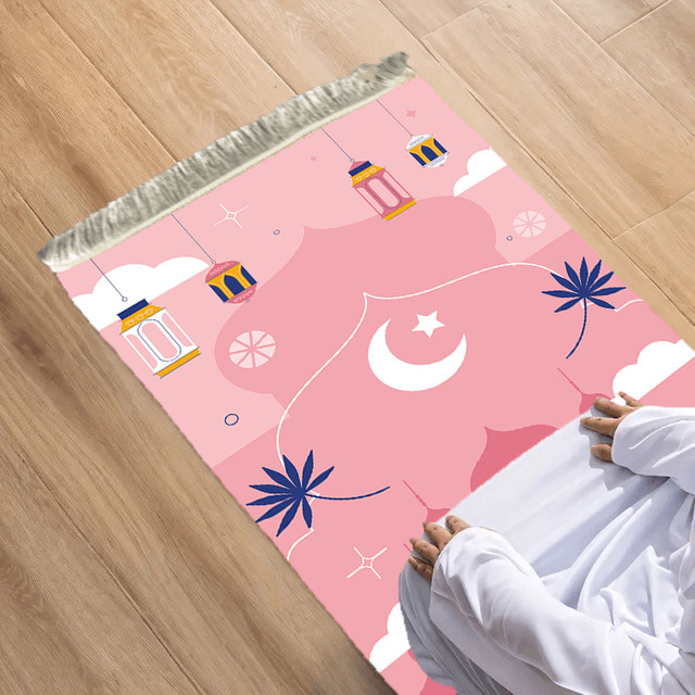 VIKAMA Gebetsteppich für Kinder in Pink mit verspieltem Motiv und Quasten, rutschfest - Bild 1