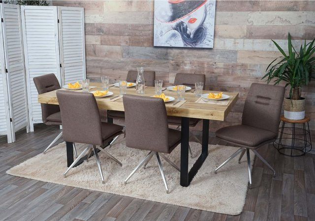 6er-Set Esszimmerstühle MCW-H70 aus Stoff in Braun mit Edelstahlgestell - Bild 1