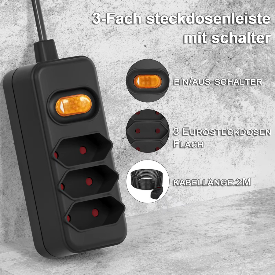 HITRENDS Euro-Steckdosenleiste mit 2 m Verlängerungskabel und Schalter, 2-polige EU-Steckdose in Schwarz - Bild 1