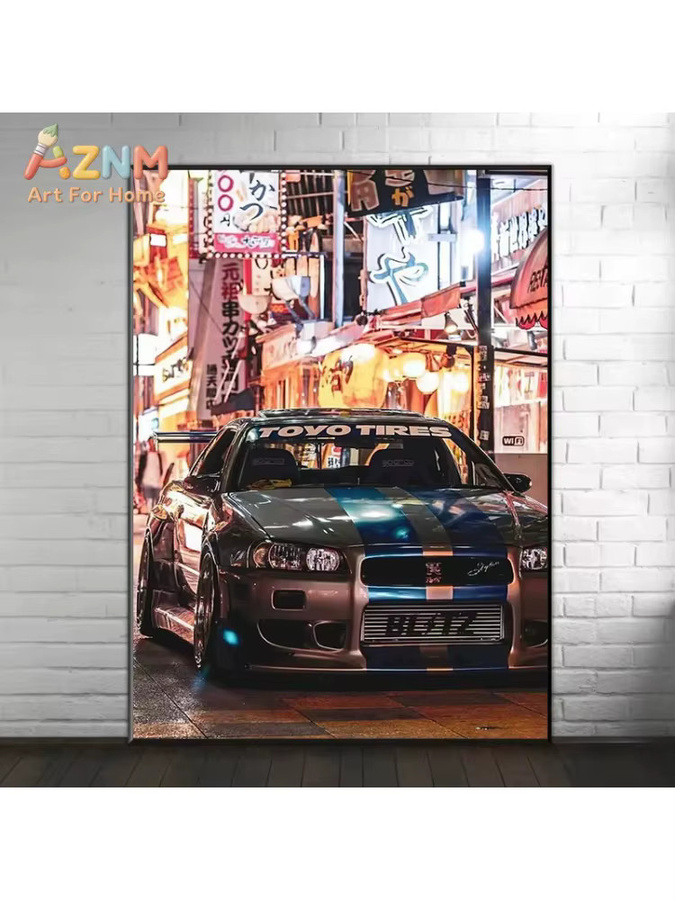 AZNM Nissan Skyline GT-R JDM Leinwandposter mit Tokio Nachtszene, ungerahmter Wandkunstdruck, Mehrfarbig - Bild 2