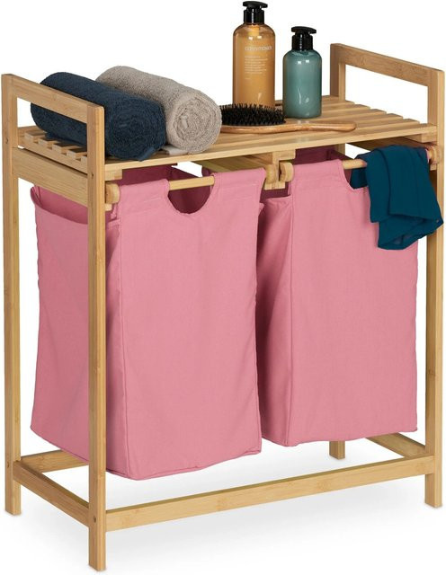 Relaxdays Wäschekorbregal aus Bambus mit Ablage in Natur und Rosa, B/T/H: 64 x 33 x 73 cm - Bild 1