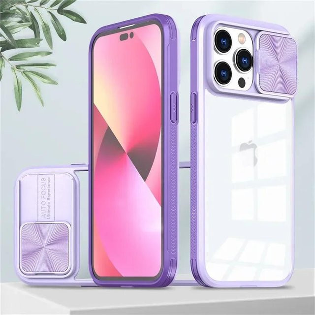 Stoßfeste Handyhülle aus weichem Flüssigsilikon mit Schiebe-Kameraobjektivschutz für iPhone 16 15 14 13 12 11 Pro Max Plus, Transparent/Lila - Bild 1