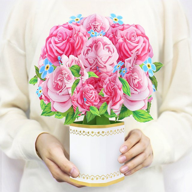 Opjoys 3D Grußkarte mit rosa Rose im Topf aus Papier für besondere Anlässe wie Muttertag oder Geburtstage - Bild 1