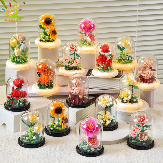 HUIQIBAO Ewiger Blumenstrauß Display Box, Micro Baustein Blumenmodell, DIY Home Schreibtisch Pflanzendekoration, Ziegel Spielzeug - Bild 1