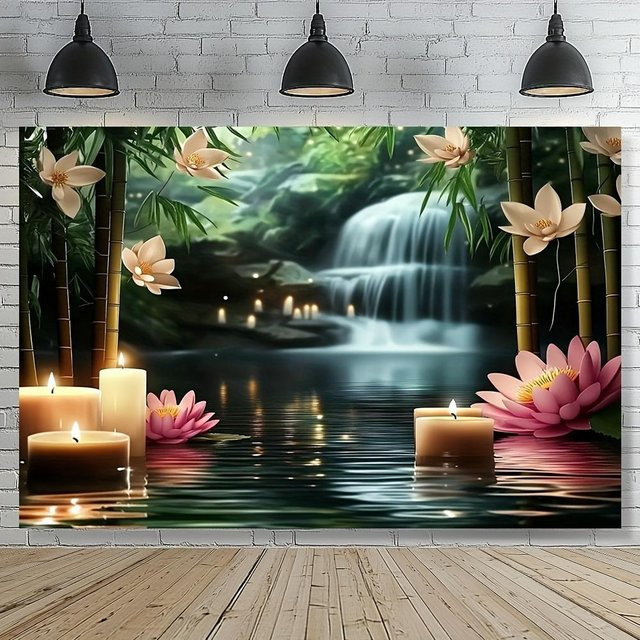 Wandteppich von JMG Household Supplies mit Wasserfall, Lotusblumen und Bambus in Mehrfarbig, B/H: 75 x 75 cm - Bild 1