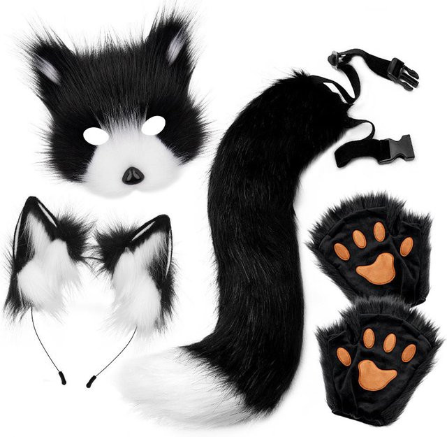 YIRAN Halloween Plüschfuchs Masken-Set, Tierkrallen, Fuchsohren Stirnband, Schwanz, Zubehör, Schwarz - Bild 1