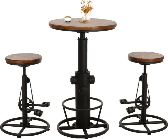 MCW Set aus Bartisch und 2 Barhockern im Industrial Design, höhenverstellbarer Stehtisch und drehbare Barstühle mit Fußablaste aus Holz in Braun - Bild 1