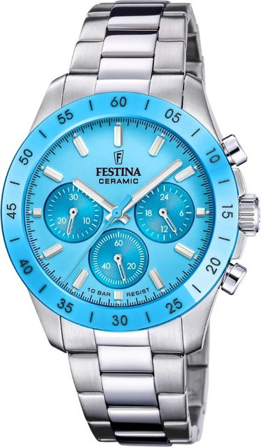 Festina Chronograph Damenuhr, Keramik, Edelstahl, Blau, 39 mm, 10 ATM - Bild 1