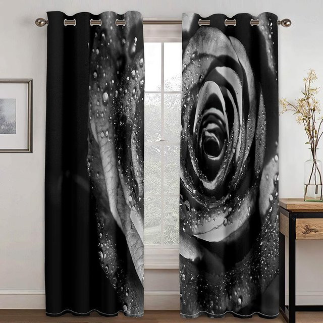 Yiran Furniture Verdunkelungsvorhänge mit 3D-Rosenmotiv in Schwarz, 2er-Set mit Rod Pocket, Breite: 100 cm, Höhe: 220 cm - Bild 1