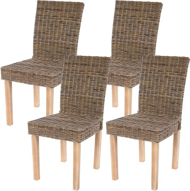 4er-Set MCW Esszimmerstühle Littau aus Kubu-Rattan und Massivholz in Braun und Grau - Bild 1