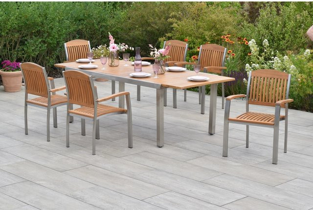Merxx Keros Gartentisch Set 7-teilig aus Edelstahl und Akazie, ausziehbar, Braun, B: 100 cm, H: 74 cm, L: 180/240 cm - Bild 1
