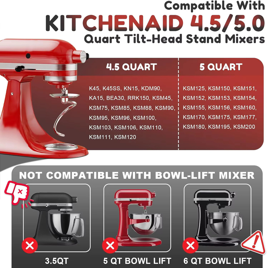 Spülbarer spiralförmiger Knethaken in Silber für KitchenAid Standmixer 4,5 Qt – 5 Qt mit neigbarer Kopfbefestigung - Bild 3