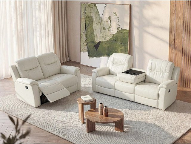 Vente-unique Couchgarnitur Evasion aus Rindsleder in Elfenbein mit 3-Sitzer und 2-Sitzer, Breite: 205 cm, Tiefe: 156 cm - Bild 1