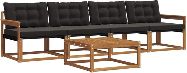 vidaXL Outdoor-Sofagarnitur 5-teilig aus Akazienholz und Textilene in Natur und Schwarz mit Kissen - Bild 1
